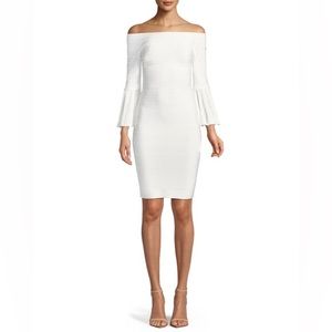 NWT Herve Leger Off-the-Shoulder Bell-Sleeve Bandage-Knit Cocktail Dress, Size M